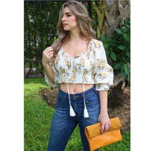 HappyxNature Kate Hudson Floral Pop Crop Cotton Ruffle Blouse Top XS